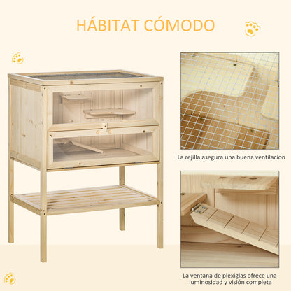 Wooden Hamster Cage Mice Playhouse with 5 Platforms Ramp Flip Roof Break-Resistant Plastic Glass Window and Bottom Shelf 60x40x80 cm Natural
