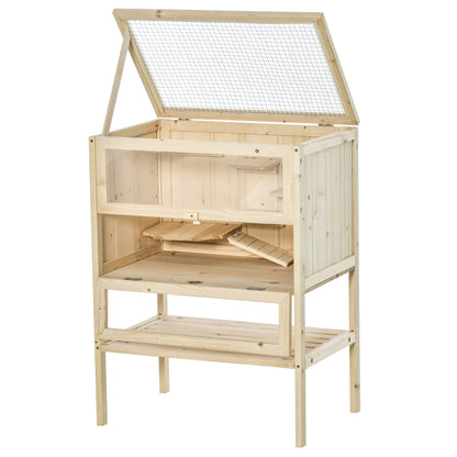 Wooden Hamster Cage Mice Playhouse with 5 Platforms Ramp Flip Roof Break-Resistant Plastic Glass Window and Bottom Shelf 60x40x80 cm Natural