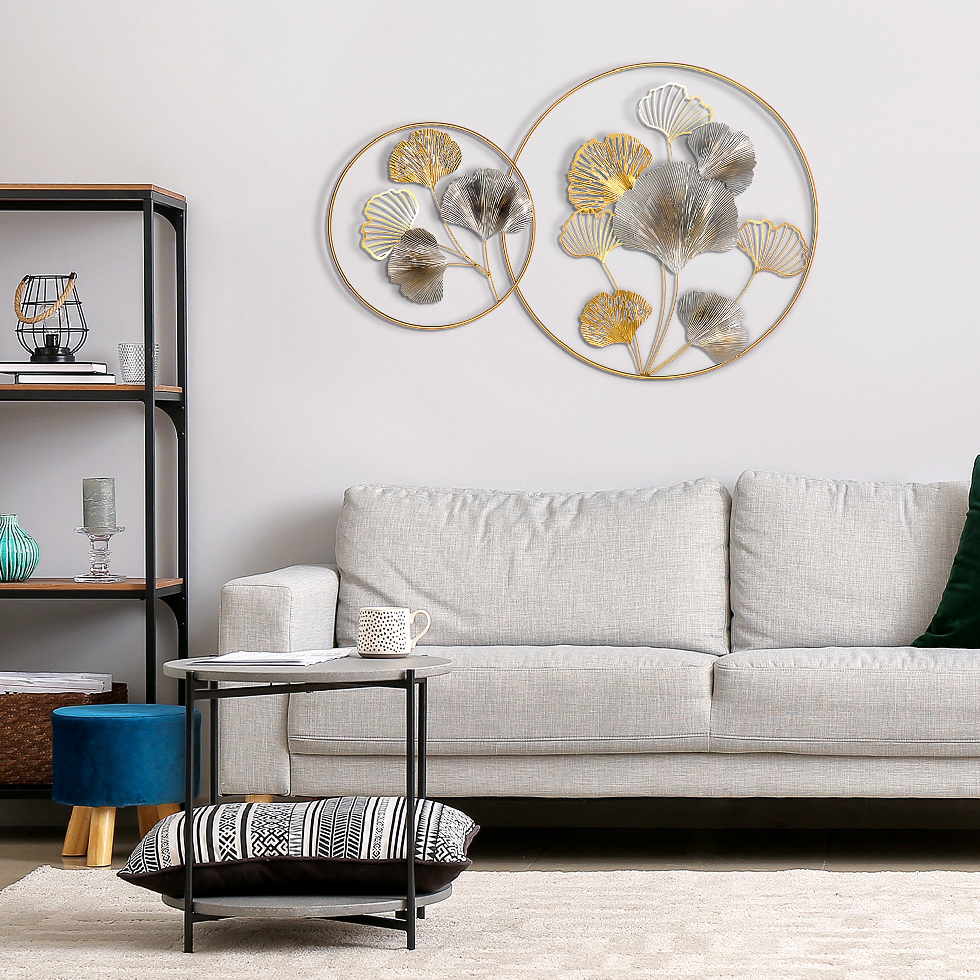 3D Metal Wall Decoration, Golden Wall Art with Ginkgo Leaves in two Round Frames, 102x66.2 cm, Gold and Silver