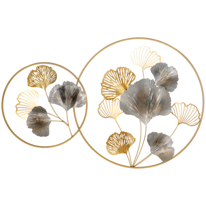 3D Metal Wall Decoration, Golden Wall Art with Ginkgo Leaves in two Round Frames, 102x66.2 cm, Gold and Silver
