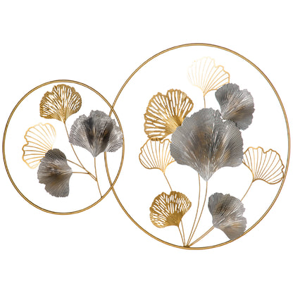 3D Metal Wall Decoration, Golden Wall Art with Ginkgo Leaves in two Round Frames, 102x66.2 cm, Gold and Silver