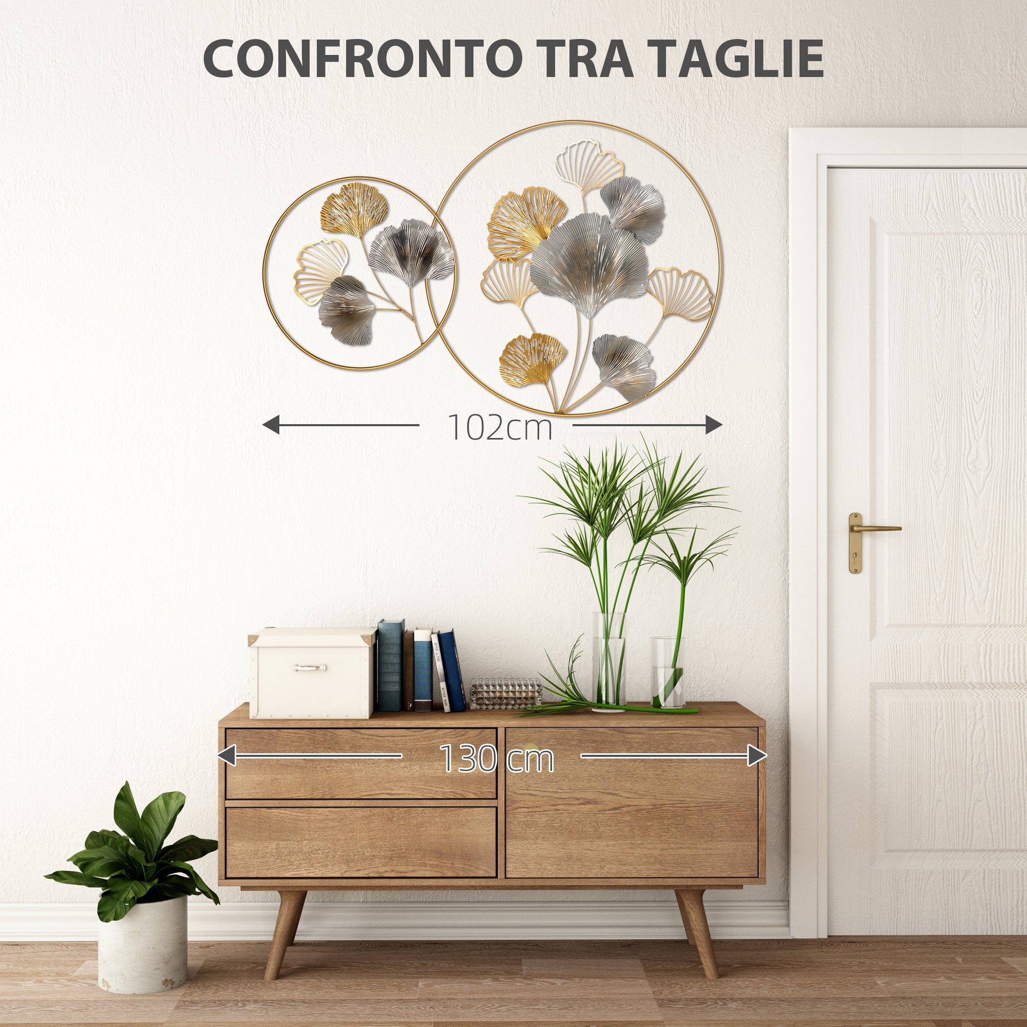 3D Metal Wall Decoration, Golden Wall Art with Ginkgo Leaves in two Round Frames, 102x66.2 cm, Gold and Silver
