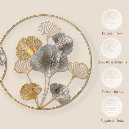 3D Metal Wall Decoration, Golden Wall Art with Ginkgo Leaves in two Round Frames, 102x66.2 cm, Gold and Silver