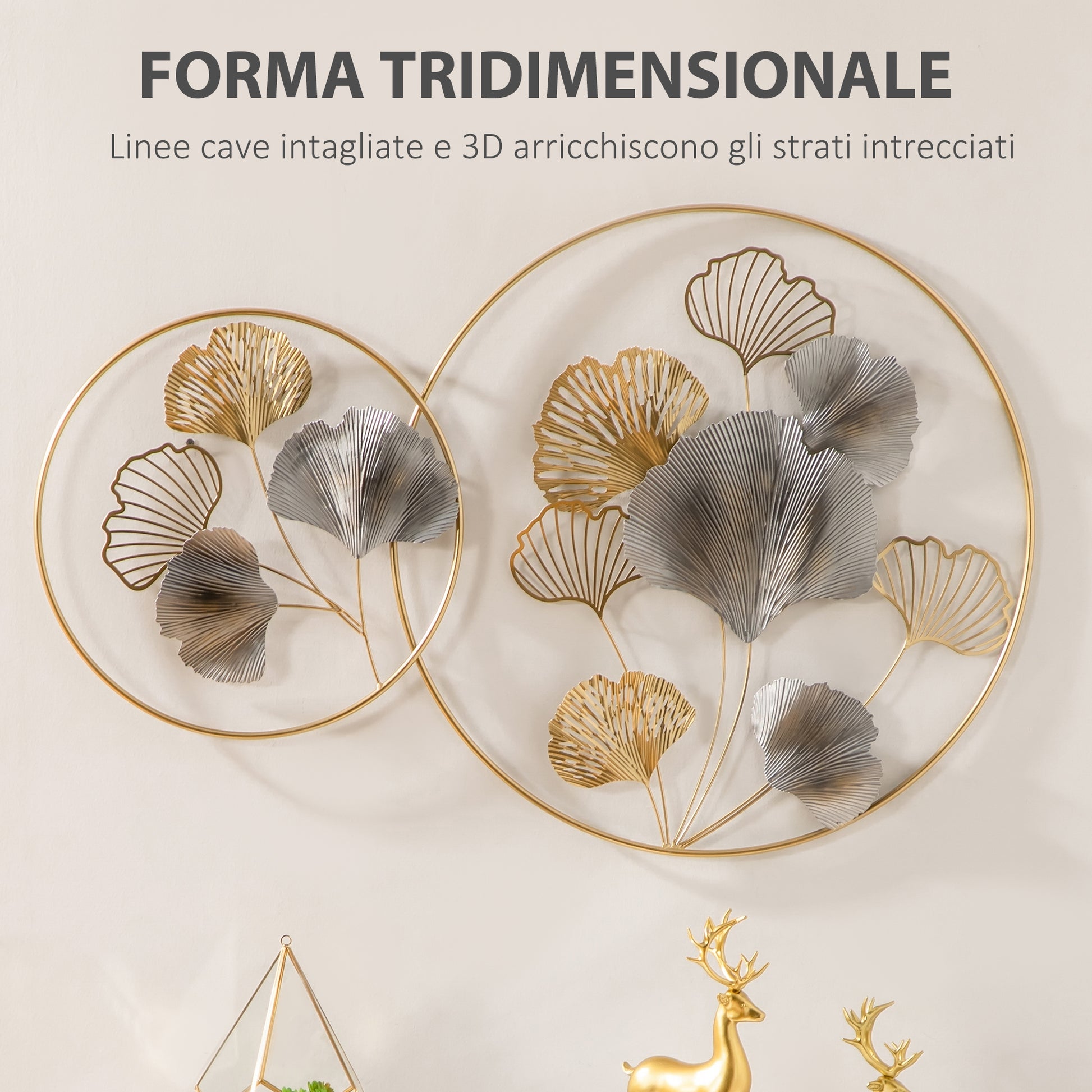3D Metal Wall Decoration, Golden Wall Art with Ginkgo Leaves in two Round Frames, 102x66.2 cm, Gold and Silver