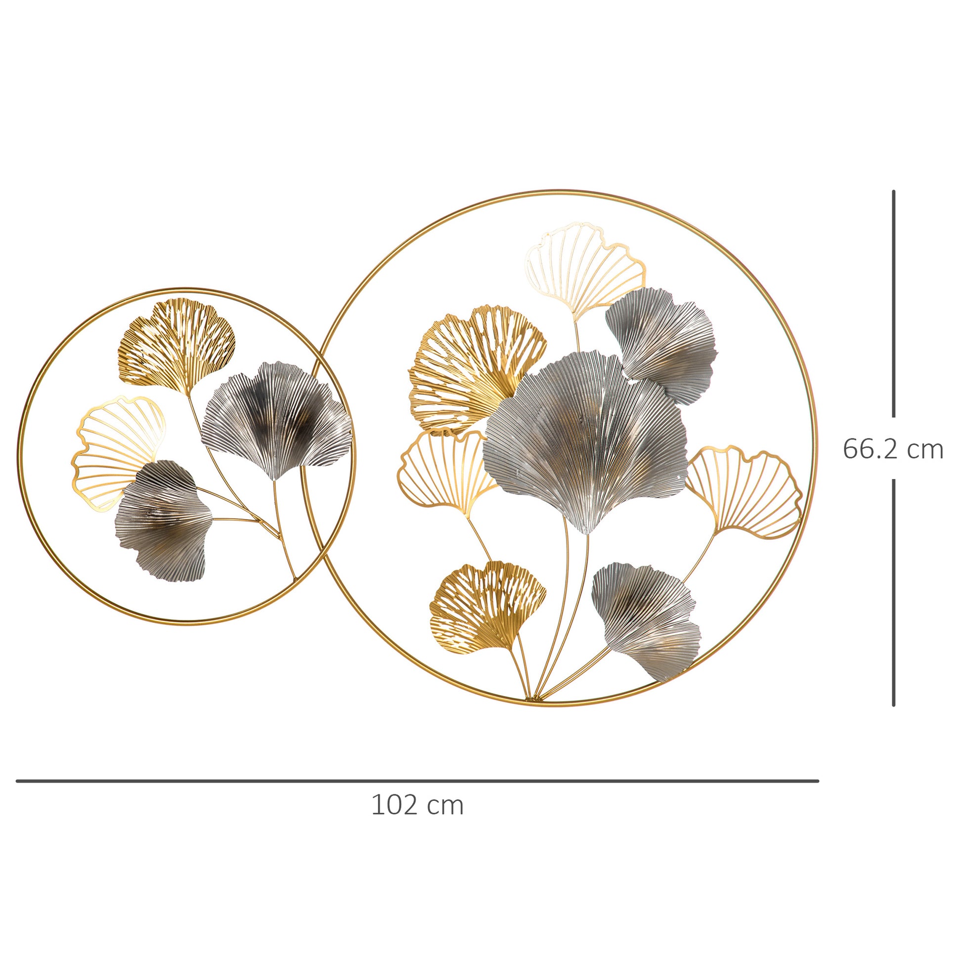 3D Metal Wall Decoration, Golden Wall Art with Ginkgo Leaves in two Round Frames, 102x66.2 cm, Gold and Silver