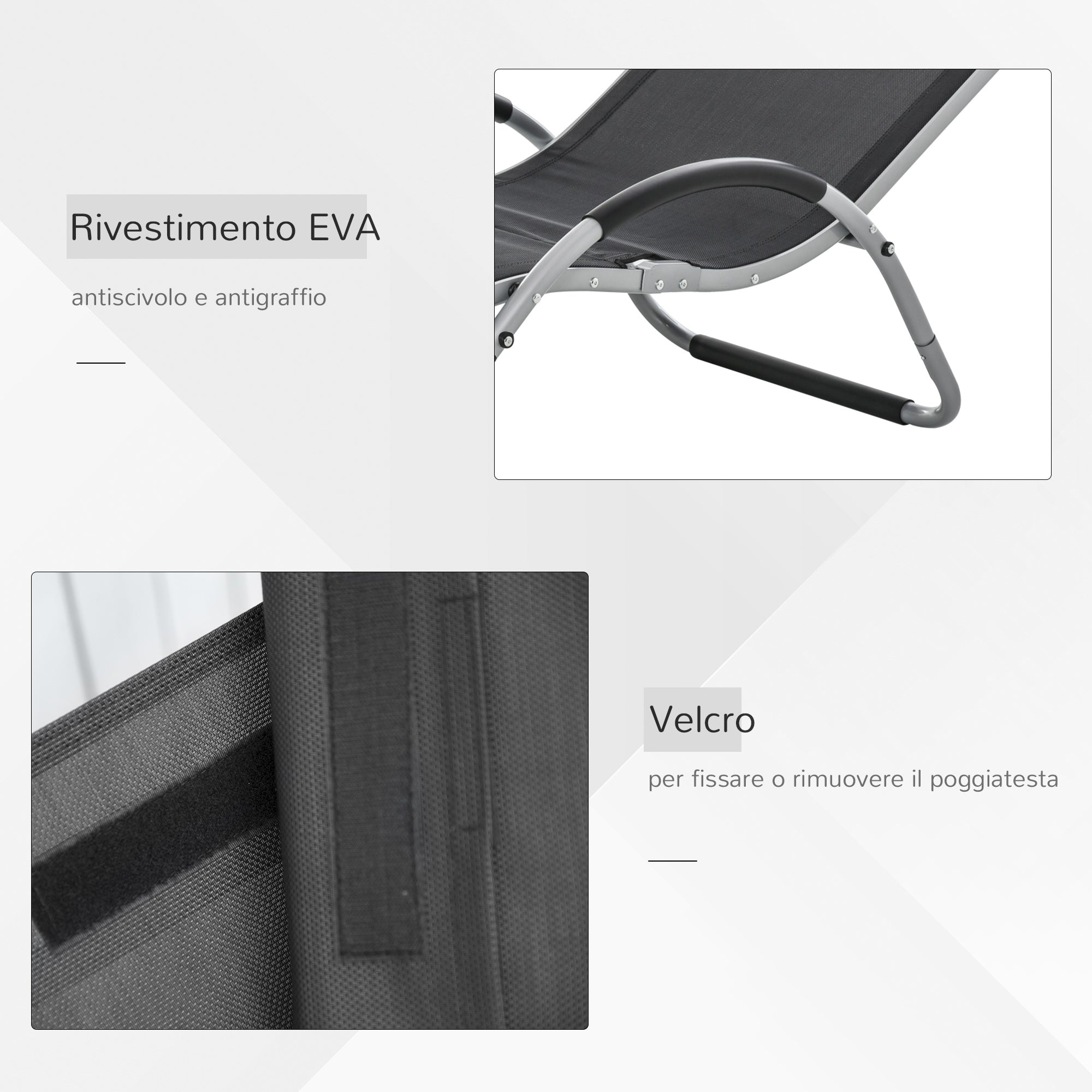 Aluminum Sun Lounger, Black Texteline Garden Deck Chair with Removable Headrest 160x60x65cm