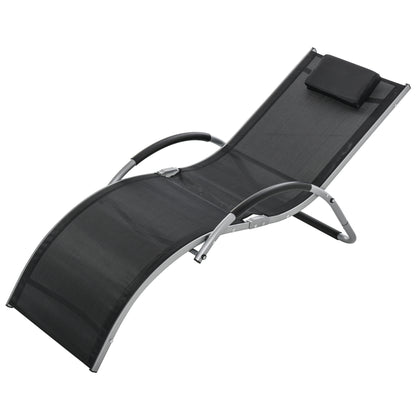 Aluminum Sun Lounger, Black Texteline Garden Deck Chair with Removable Headrest 160x60x65cm