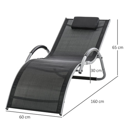 Aluminum Sun Lounger, Black Texteline Garden Deck Chair with Removable Headrest 160x60x65cm