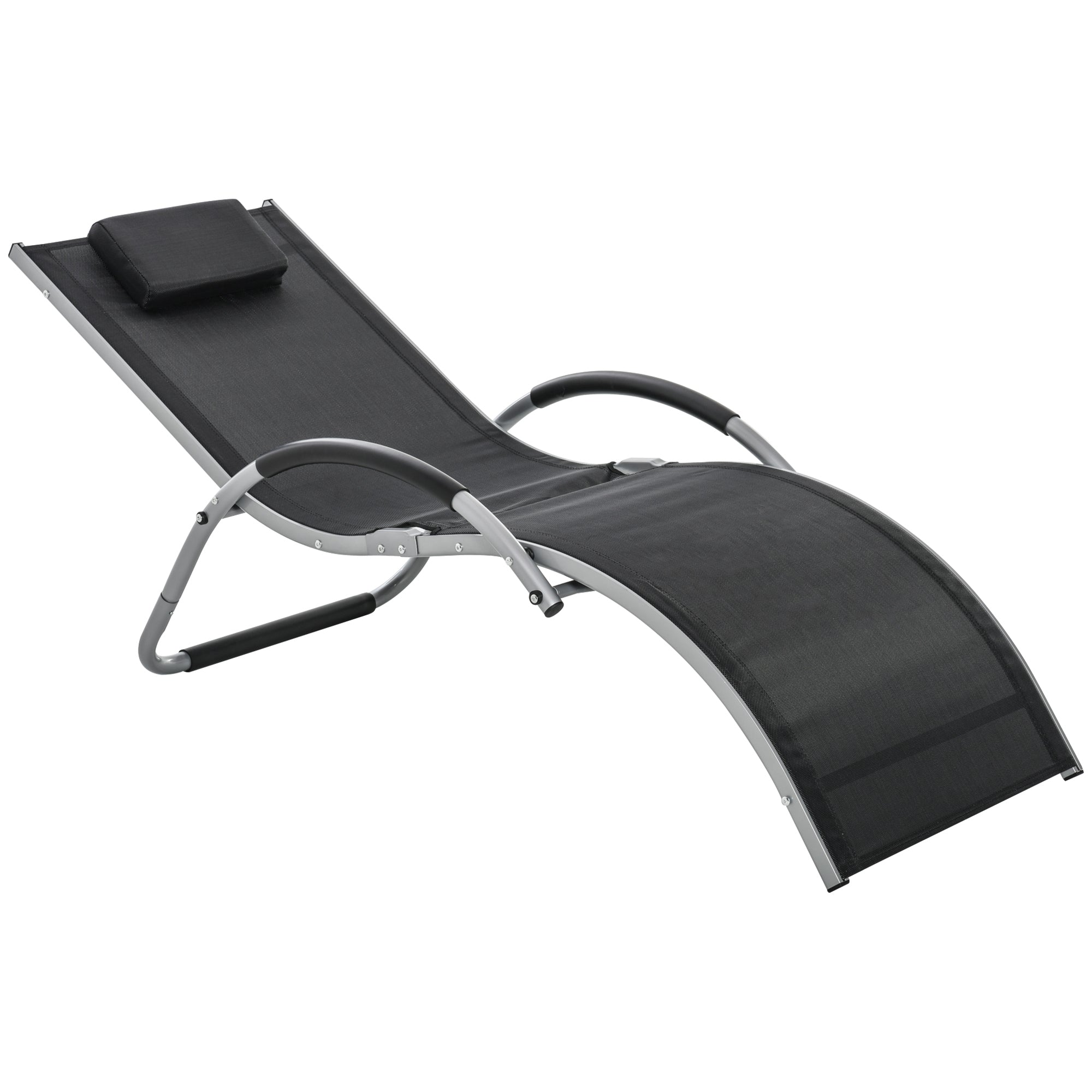 Aluminum Sun Lounger, Black Texteline Garden Deck Chair with Removable Headrest 160x60x65cm