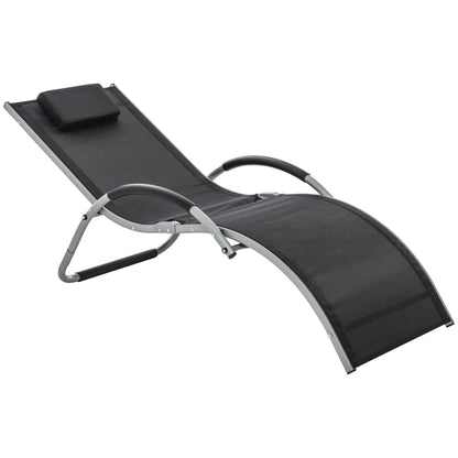 Aluminum Sun Lounger, Black Texteline Garden Deck Chair with Removable Headrest 160x60x65cm