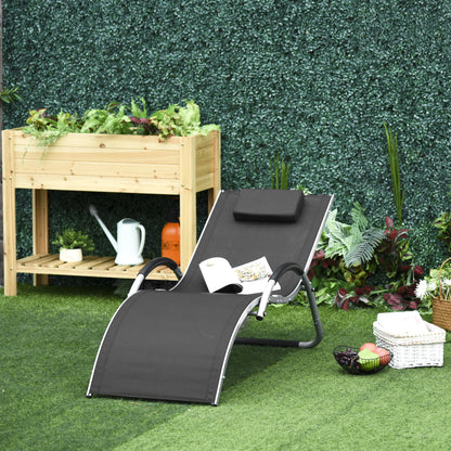 Aluminum Sun Lounger, Black Texteline Garden Deck Chair with Removable Headrest 160x60x65cm