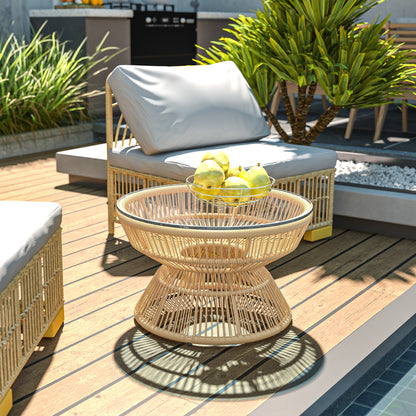 Round Garden Coffee Table, Resin Wicker Rattan-Look Side Table with Tempered Glass Top Ø60 x 37H cm Natural