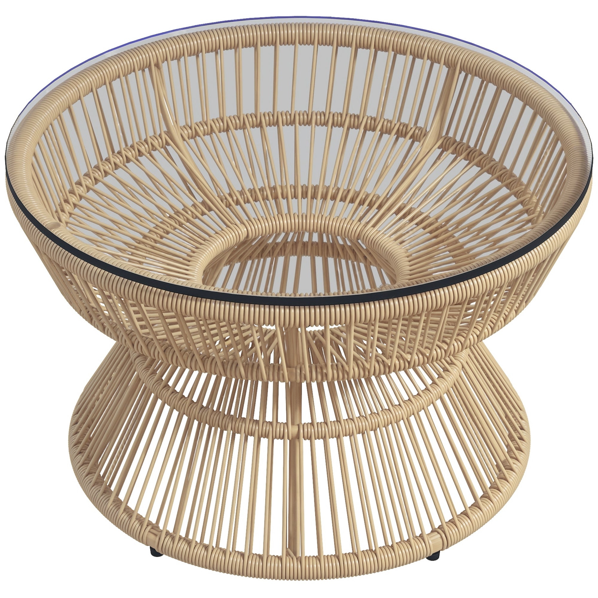 Round Garden Coffee Table, Resin Wicker Rattan-Look Side Table with Tempered Glass Top Ø60 x 37H cm Natural