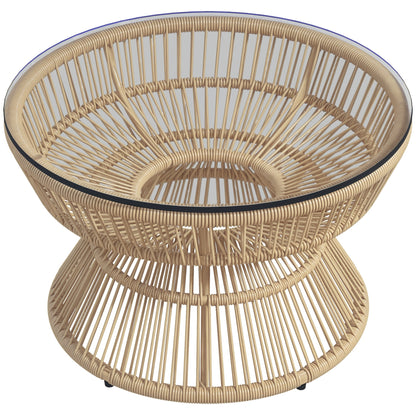 Round Garden Coffee Table, Resin Wicker Rattan-Look Side Table with Tempered Glass Top Ø60 x 37H cm Natural
