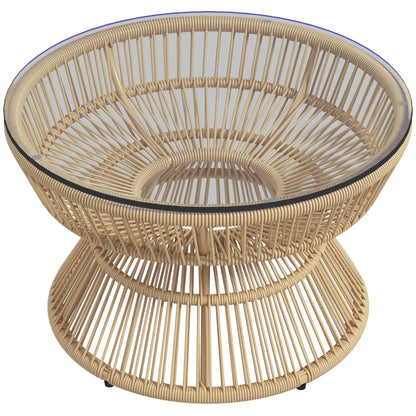 Round Garden Coffee Table, Resin Wicker Rattan-Look Side Table with Tempered Glass Top Ø60 x 37H cm Natural