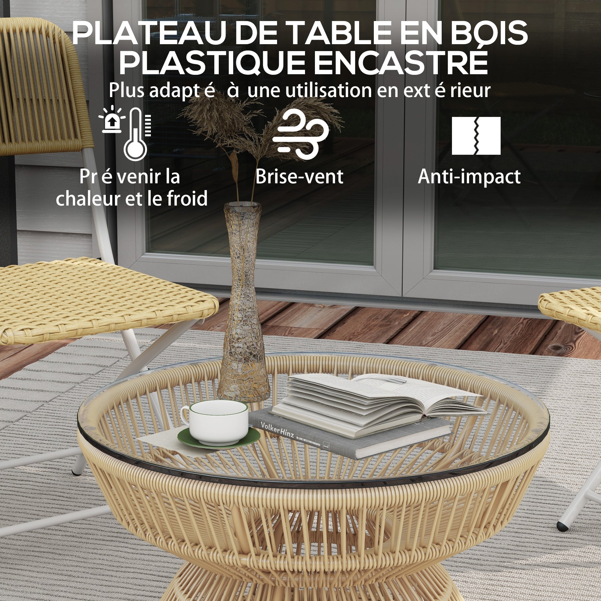 Round Garden Coffee Table, Resin Wicker Rattan-Look Side Table with Tempered Glass Top Ø60 x 37H cm Natural