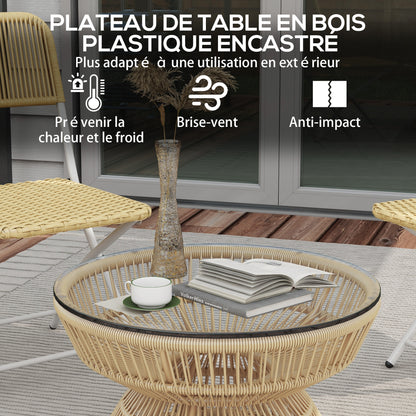 Round Garden Coffee Table, Resin Wicker Rattan-Look Side Table with Tempered Glass Top Ø60 x 37H cm Natural