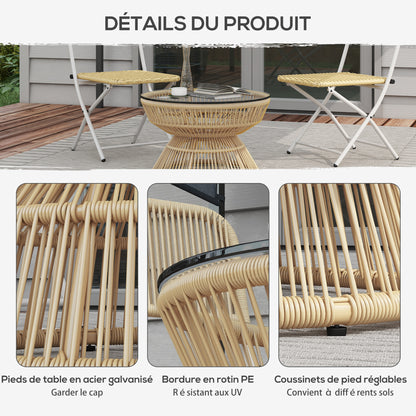 Round Garden Coffee Table, Resin Wicker Rattan-Look Side Table with Tempered Glass Top Ø60 x 37H cm Natural
