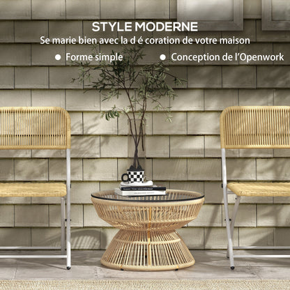 Round Garden Coffee Table, Resin Wicker Rattan-Look Side Table with Tempered Glass Top Ø60 x 37H cm Natural