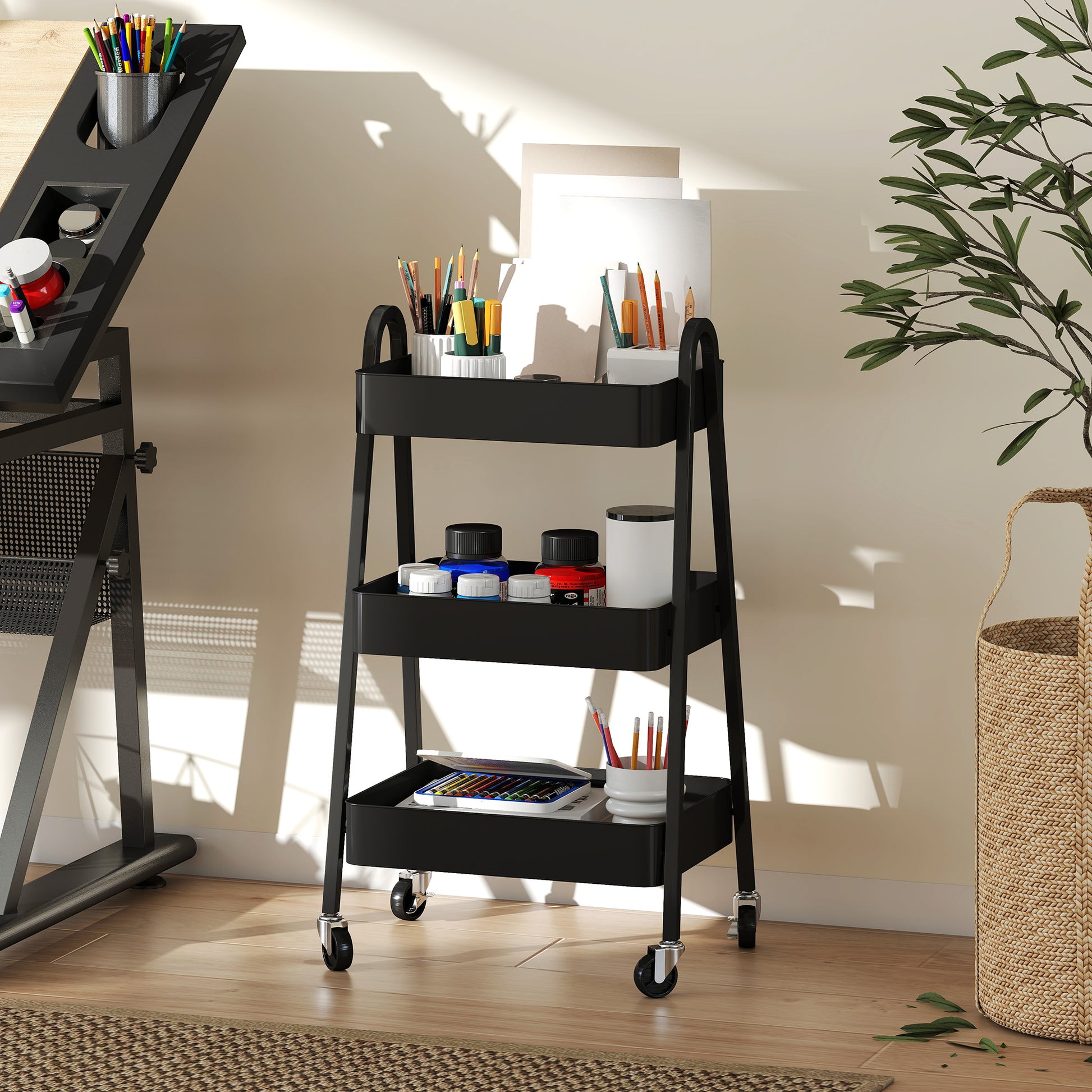 Serving Trolley with 3 Levels Kitchen Cart with Wheels Handle Rolling Cart with Brake Kitchen Shelf Kitchen Trolley All-Purpose Cart for Kitchen Office Bathroom, Black
