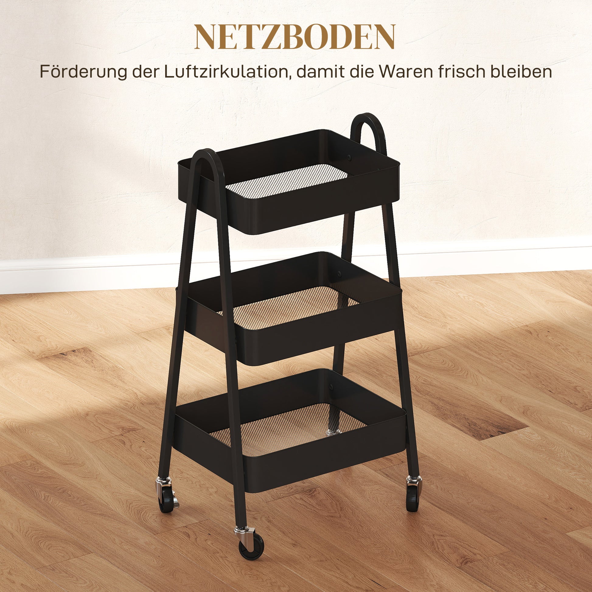 Serving Trolley with 3 Levels Kitchen Cart with Wheels Handle Rolling Cart with Brake Kitchen Shelf Kitchen Trolley All-Purpose Cart for Kitchen Office Bathroom, Black