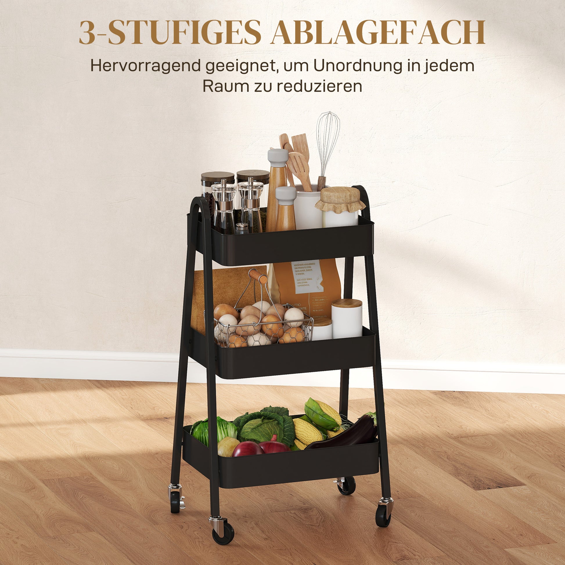 Serving Trolley with 3 Levels Kitchen Cart with Wheels Handle Rolling Cart with Brake Kitchen Shelf Kitchen Trolley All-Purpose Cart for Kitchen Office Bathroom, Black
