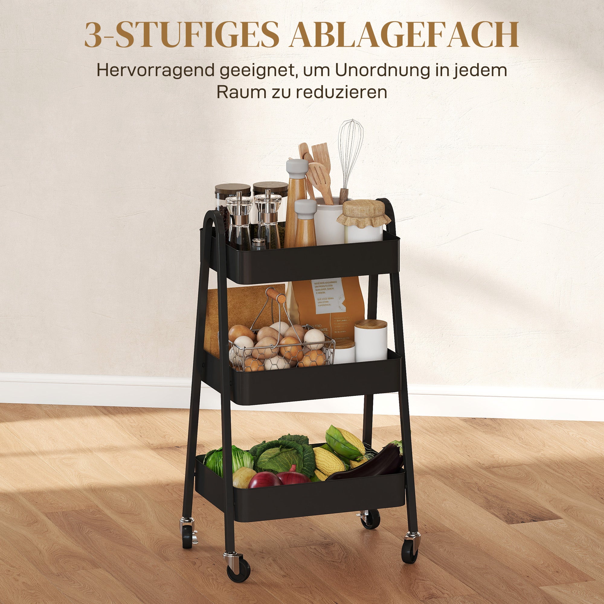 Serving Trolley with 3 Levels Kitchen Cart with Wheels Handle Rolling Cart with Brake Kitchen Shelf Kitchen Trolley All-Purpose Cart for Kitchen Office Bathroom, Black