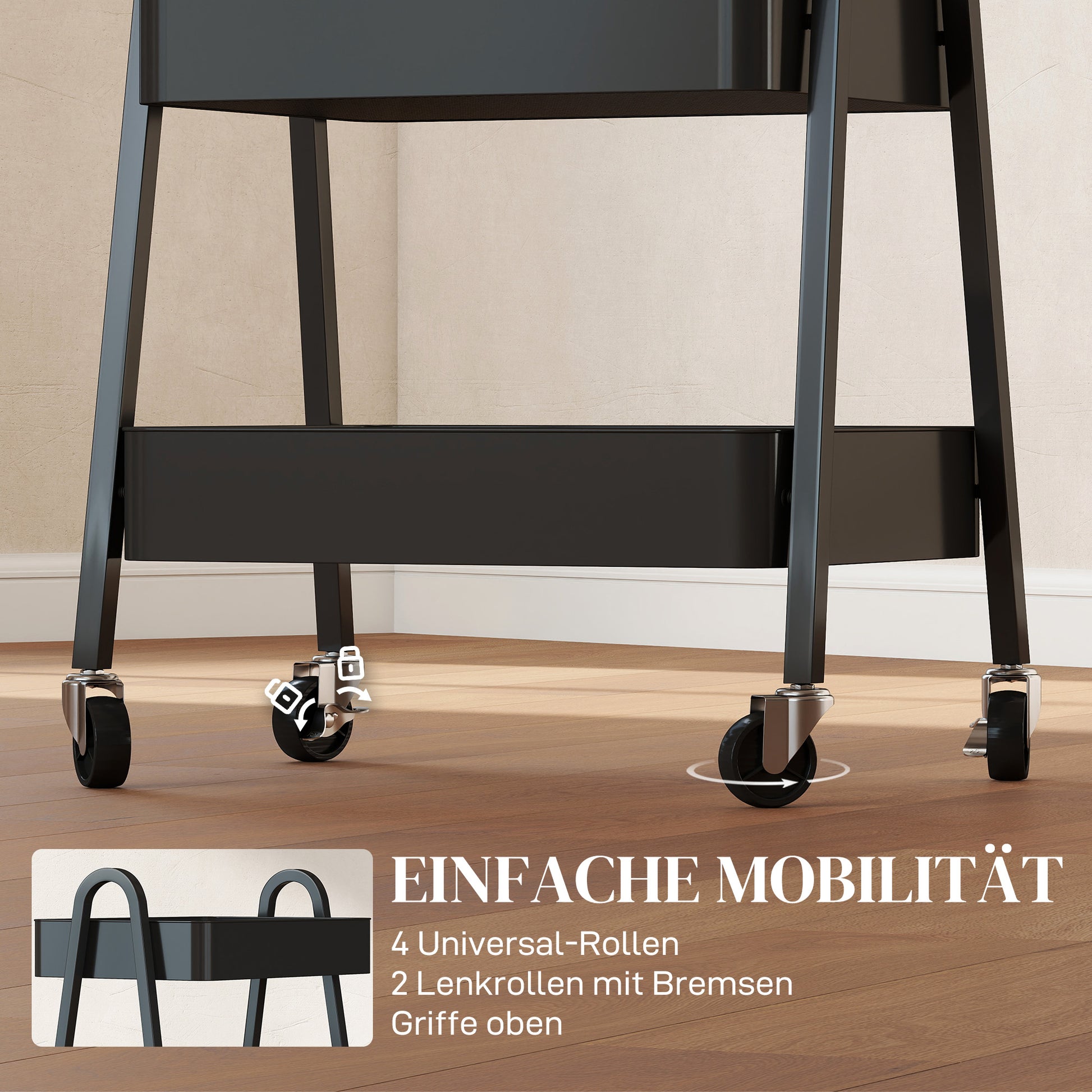 Serving Trolley with 3 Levels Kitchen Cart with Wheels Handle Rolling Cart with Brake Kitchen Shelf Kitchen Trolley All-Purpose Cart for Kitchen Office Bathroom, Black