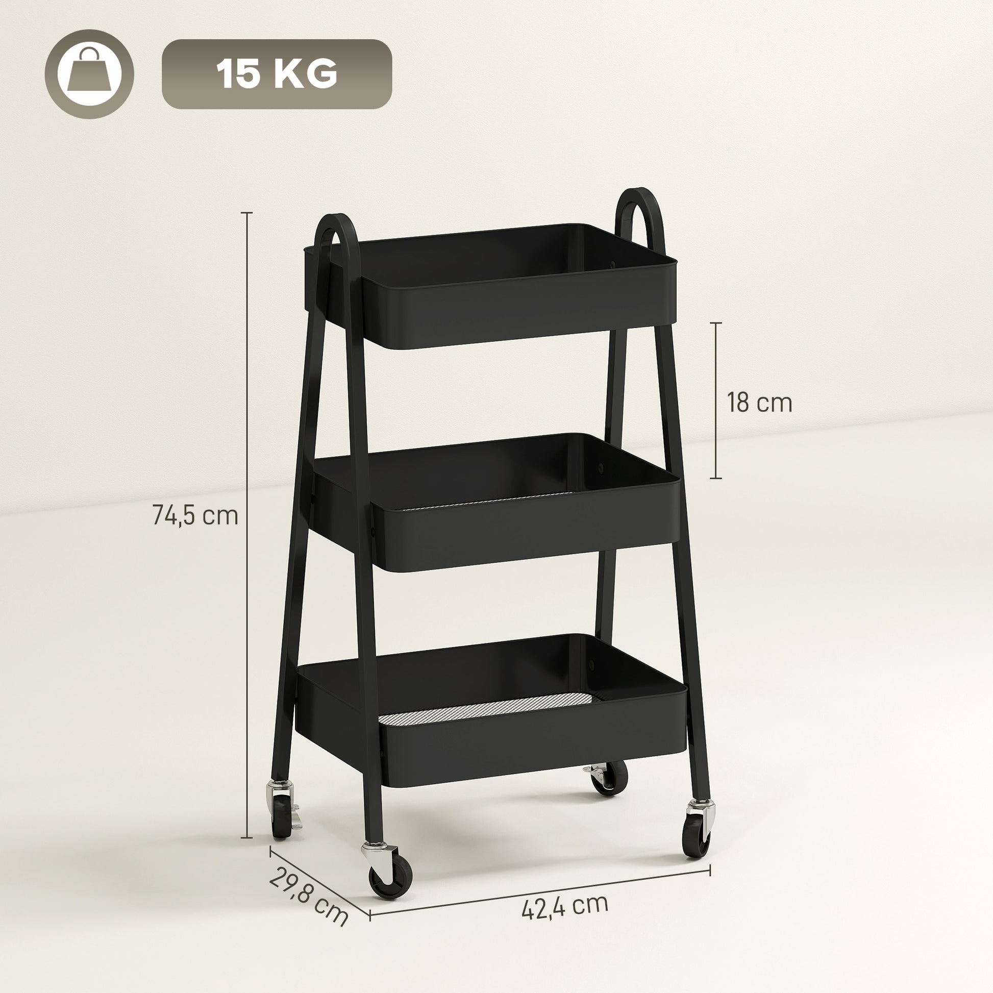 Serving Trolley with 3 Levels Kitchen Cart with Wheels Handle Rolling Cart with Brake Kitchen Shelf Kitchen Trolley All-Purpose Cart for Kitchen Office Bathroom, Black