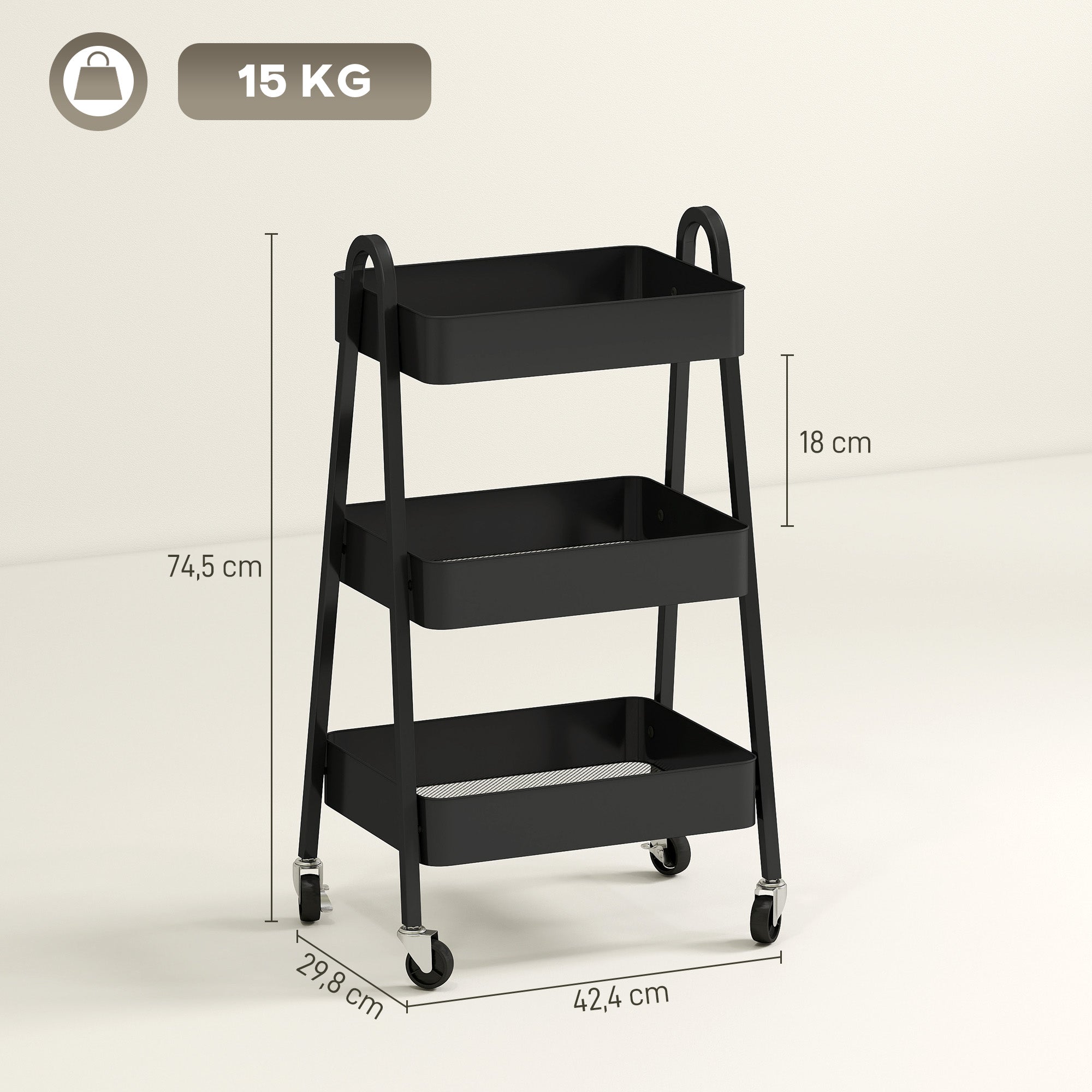 Serving Trolley with 3 Levels Kitchen Cart with Wheels Handle Rolling Cart with Brake Kitchen Shelf Kitchen Trolley All-Purpose Cart for Kitchen Office Bathroom, Black