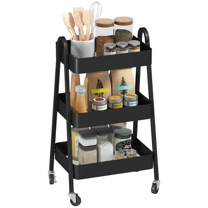 Serving Trolley with 3 Levels Kitchen Cart with Wheels Handle Rolling Cart with Brake Kitchen Shelf Kitchen Trolley All-Purpose Cart for Kitchen Office Bathroom, Black
