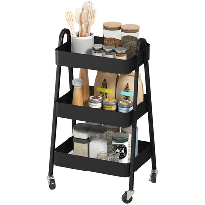 Serving Trolley with 3 Levels Kitchen Cart with Wheels Handle Rolling Cart with Brake Kitchen Shelf Kitchen Trolley All-Purpose Cart for Kitchen Office Bathroom, Black