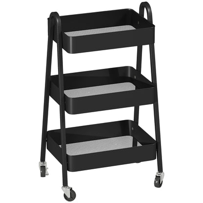 Serving Trolley with 3 Levels Kitchen Cart with Wheels Handle Rolling Cart with Brake Kitchen Shelf Kitchen Trolley All-Purpose Cart for Kitchen Office Bathroom, Black