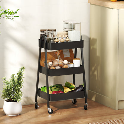 Serving Trolley with 3 Levels Kitchen Cart with Wheels Handle Rolling Cart with Brake Kitchen Shelf Kitchen Trolley All-Purpose Cart for Kitchen Office Bathroom, Black