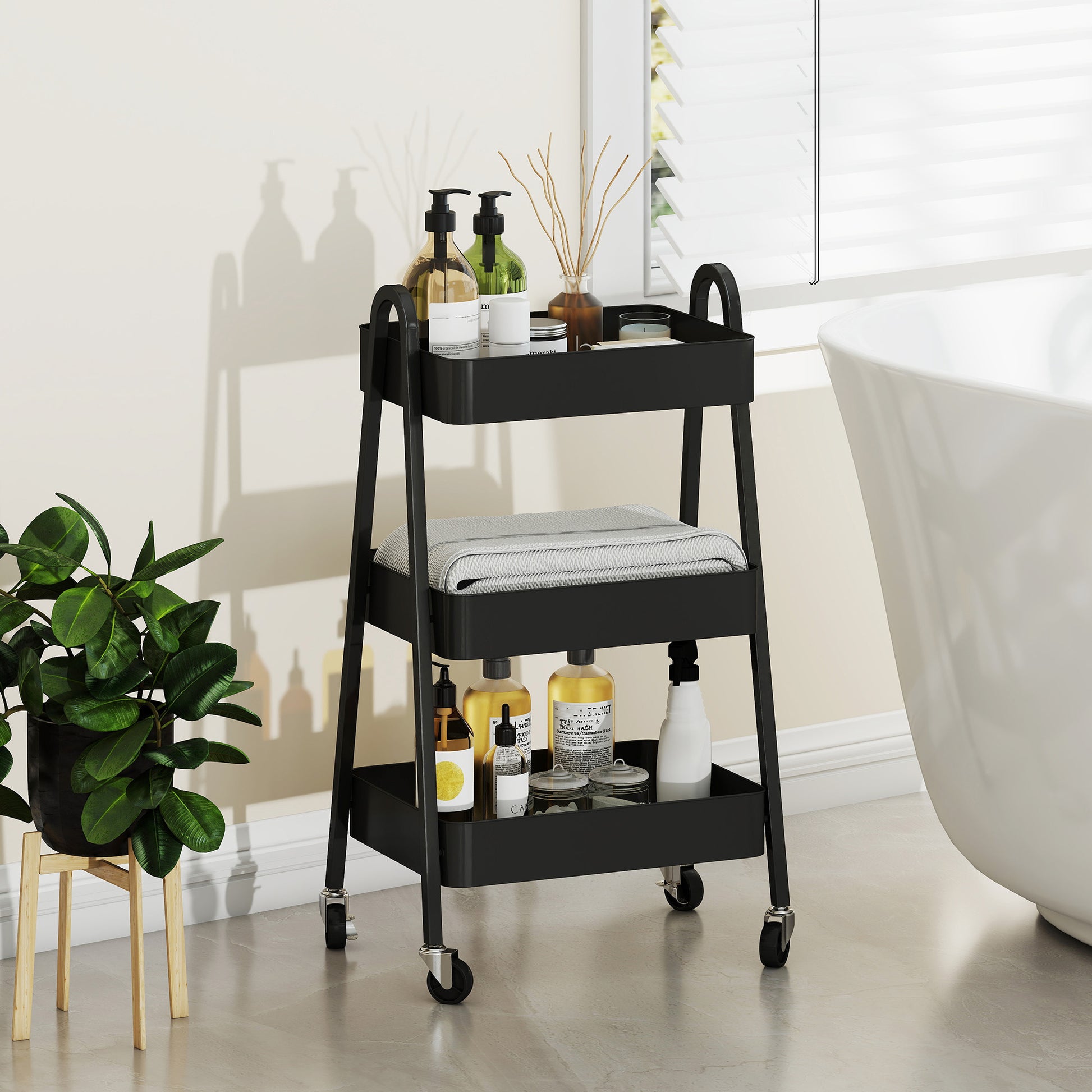 Serving Trolley with 3 Levels Kitchen Cart with Wheels Handle Rolling Cart with Brake Kitchen Shelf Kitchen Trolley All-Purpose Cart for Kitchen Office Bathroom, Black