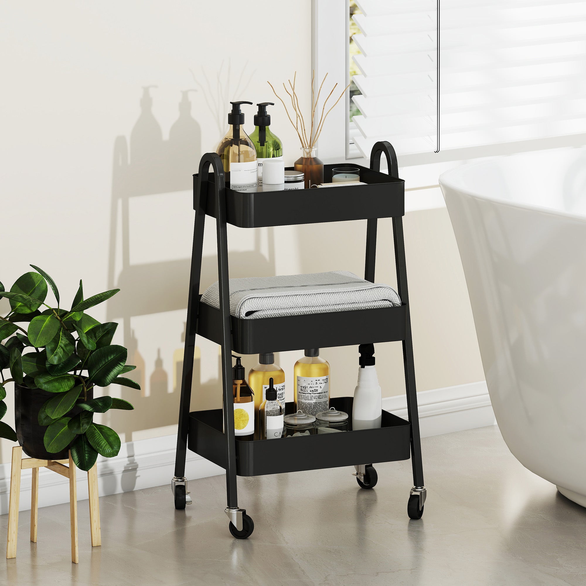 Serving Trolley with 3 Levels Kitchen Cart with Wheels Handle Rolling Cart with Brake Kitchen Shelf Kitchen Trolley All-Purpose Cart for Kitchen Office Bathroom, Black