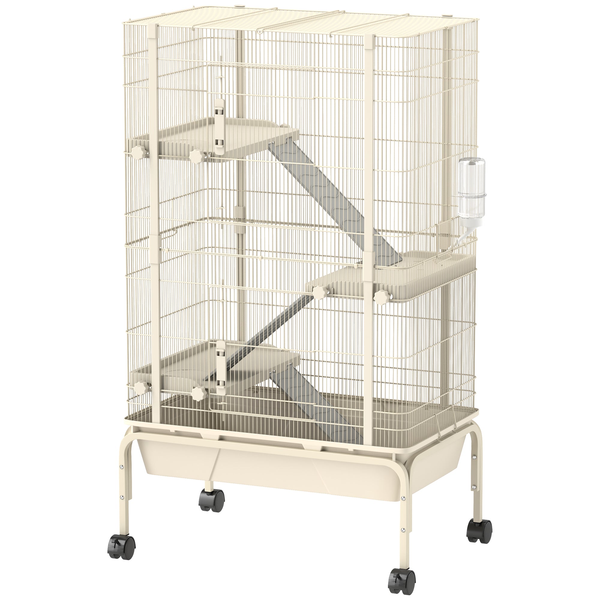 Outdoor Enclosure Small Animal Cage with 3 Ramps, Pull-Out Tray Small Animal Cage with Feeding Bowl, Water Bottle Enclosure for Small Animals, Hamster, Chinchilla, Squirrel, 69 x 44 x 120 cm Beige