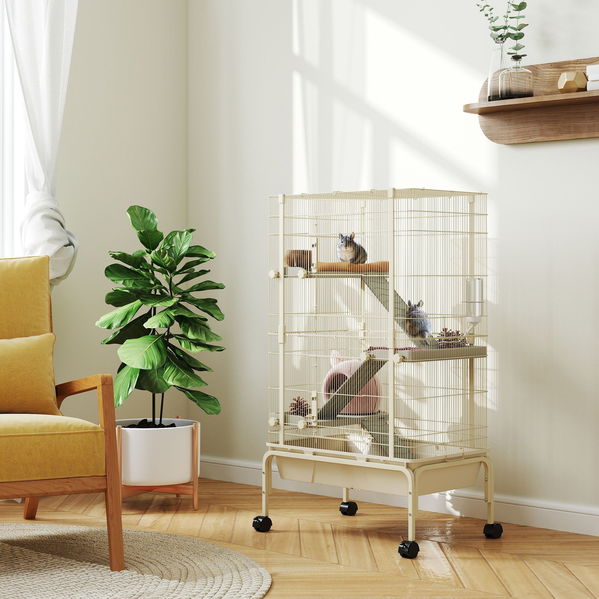 Outdoor Enclosure Small Animal Cage with 3 Ramps, Pull-Out Tray Small Animal Cage with Feeding Bowl, Water Bottle Enclosure for Small Animals, Hamster, Chinchilla, Squirrel, 69 x 44 x 120 cm Beige