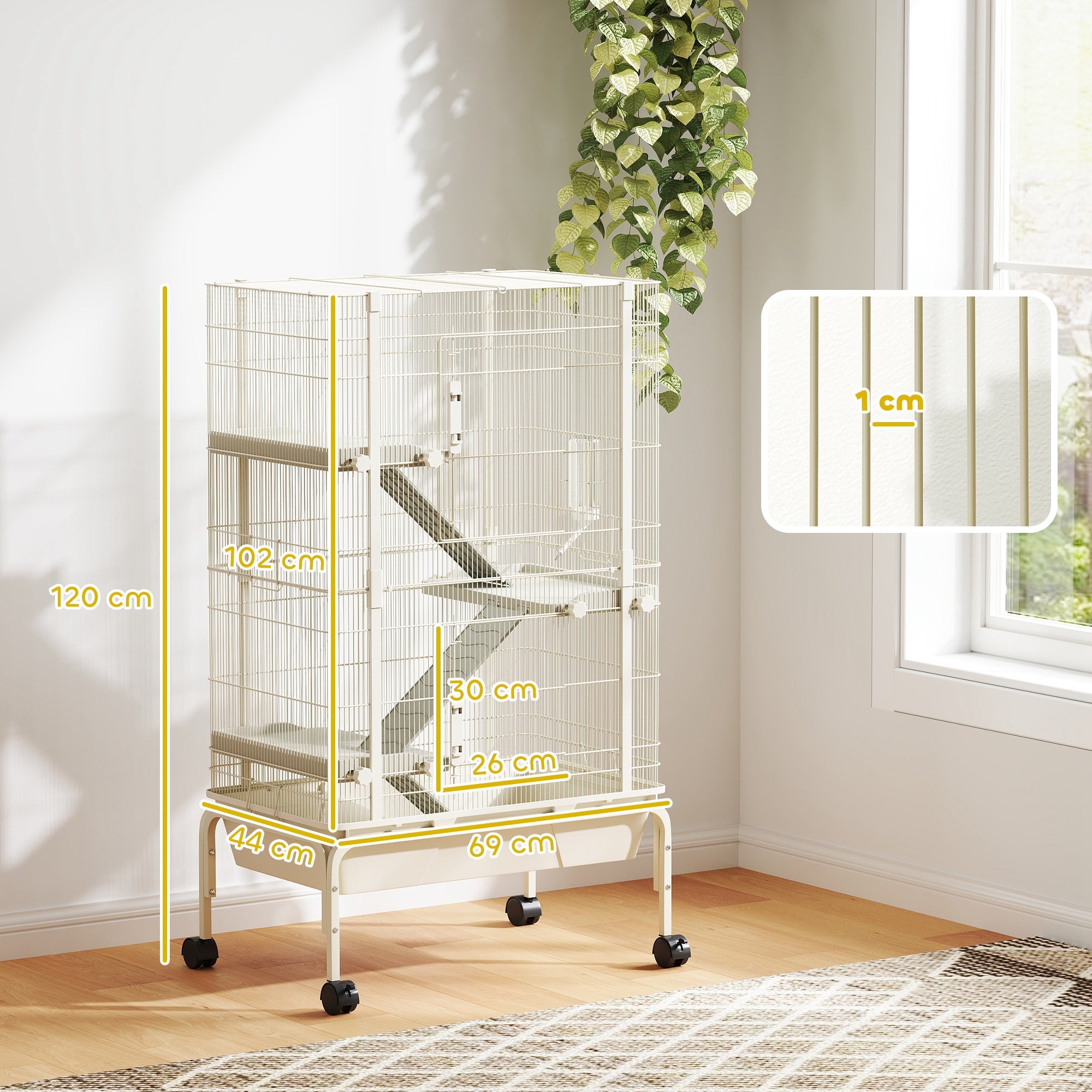 Outdoor Enclosure Small Animal Cage with 3 Ramps, Pull-Out Tray Small Animal Cage with Feeding Bowl, Water Bottle Enclosure for Small Animals, Hamster, Chinchilla, Squirrel, 69 x 44 x 120 cm Beige
