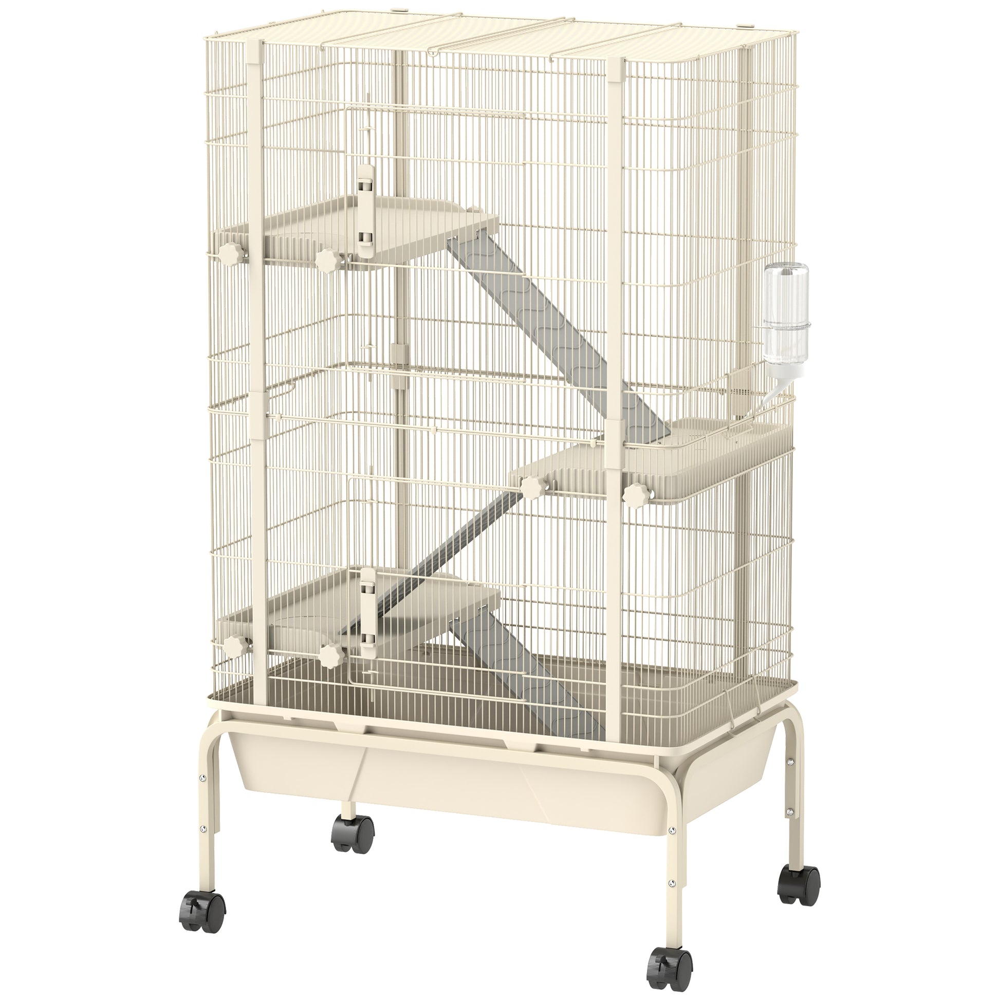 Outdoor Enclosure Small Animal Cage with 3 Ramps, Pull-Out Tray Small Animal Cage with Feeding Bowl, Water Bottle Enclosure for Small Animals, Hamster, Chinchilla, Squirrel, 69 x 44 x 120 cm Beige