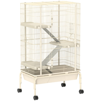Outdoor Enclosure Small Animal Cage with 3 Ramps, Pull-Out Tray Small Animal Cage with Feeding Bowl, Water Bottle Enclosure for Small Animals, Hamster, Chinchilla, Squirrel, 69 x 44 x 120 cm Beige