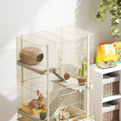 Outdoor Enclosure Small Animal Cage with 3 Ramps, Pull-Out Tray Small Animal Cage with Feeding Bowl, Water Bottle Enclosure for Small Animals, Hamster, Chinchilla, Squirrel, 69 x 44 x 120 cm Beige