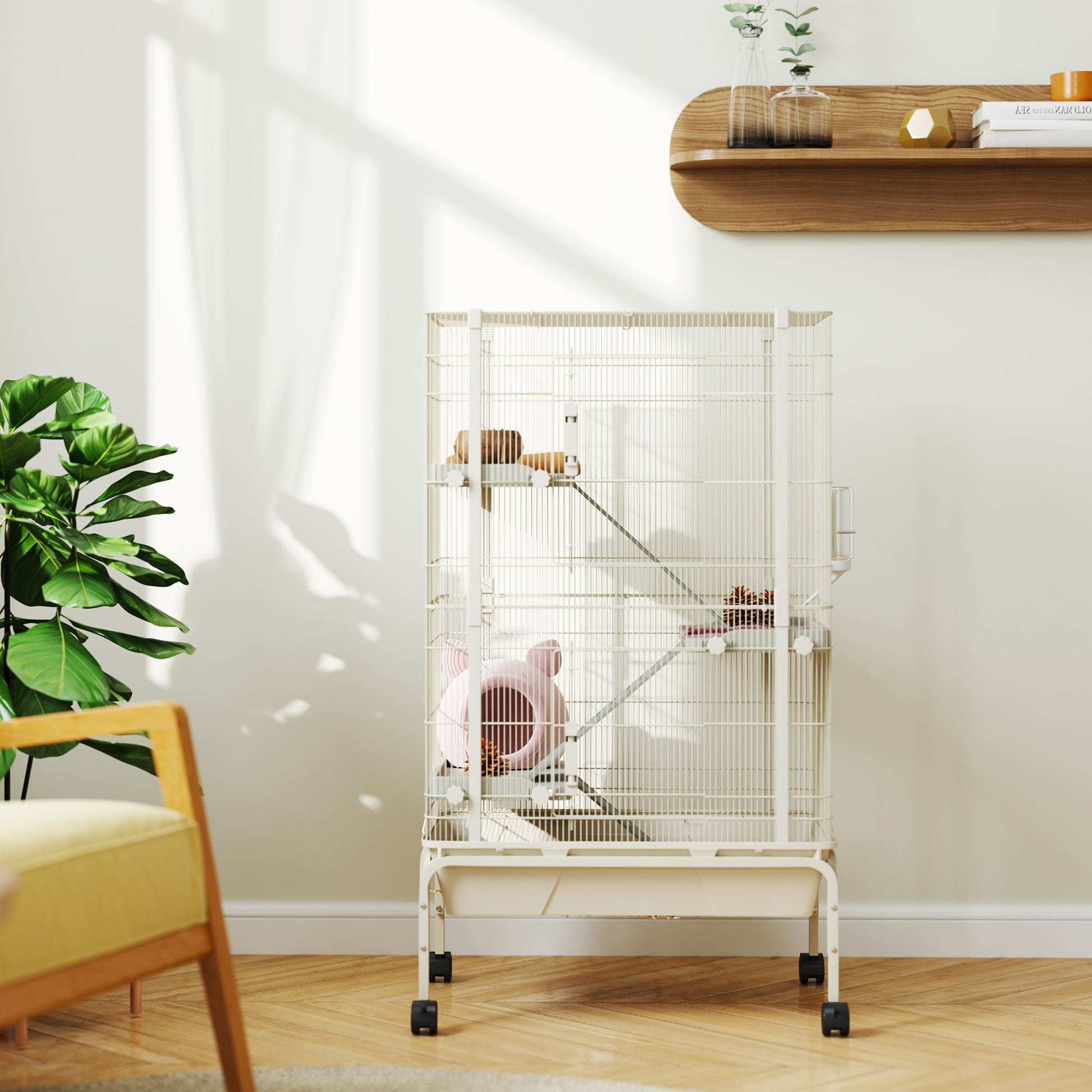 Outdoor Enclosure Small Animal Cage with 3 Ramps, Pull-Out Tray Small Animal Cage with Feeding Bowl, Water Bottle Enclosure for Small Animals, Hamster, Chinchilla, Squirrel, 69 x 44 x 120 cm Beige