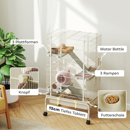Outdoor Enclosure Small Animal Cage with 3 Ramps, Pull-Out Tray Small Animal Cage with Feeding Bowl, Water Bottle Enclosure for Small Animals, Hamster, Chinchilla, Squirrel, 69 x 44 x 120 cm Beige