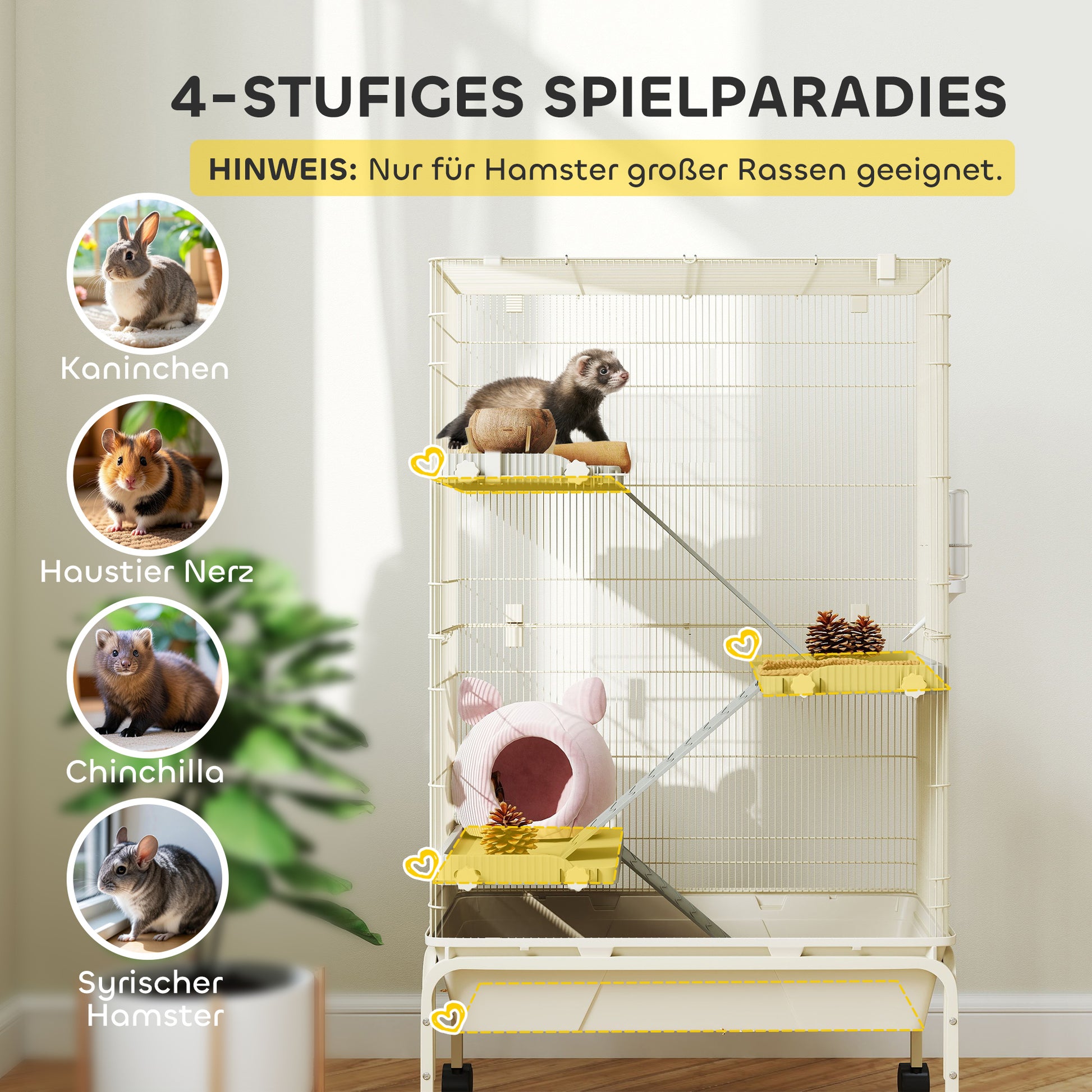 Outdoor Enclosure Small Animal Cage with 3 Ramps, Pull-Out Tray Small Animal Cage with Feeding Bowl, Water Bottle Enclosure for Small Animals, Hamster, Chinchilla, Squirrel, 69 x 44 x 120 cm Beige