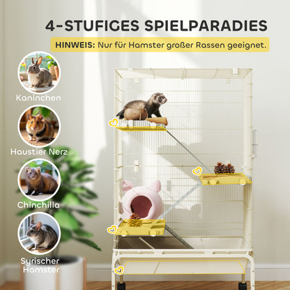 Outdoor Enclosure Small Animal Cage with 3 Ramps, Pull-Out Tray Small Animal Cage with Feeding Bowl, Water Bottle Enclosure for Small Animals, Hamster, Chinchilla, Squirrel, 69 x 44 x 120 cm Beige