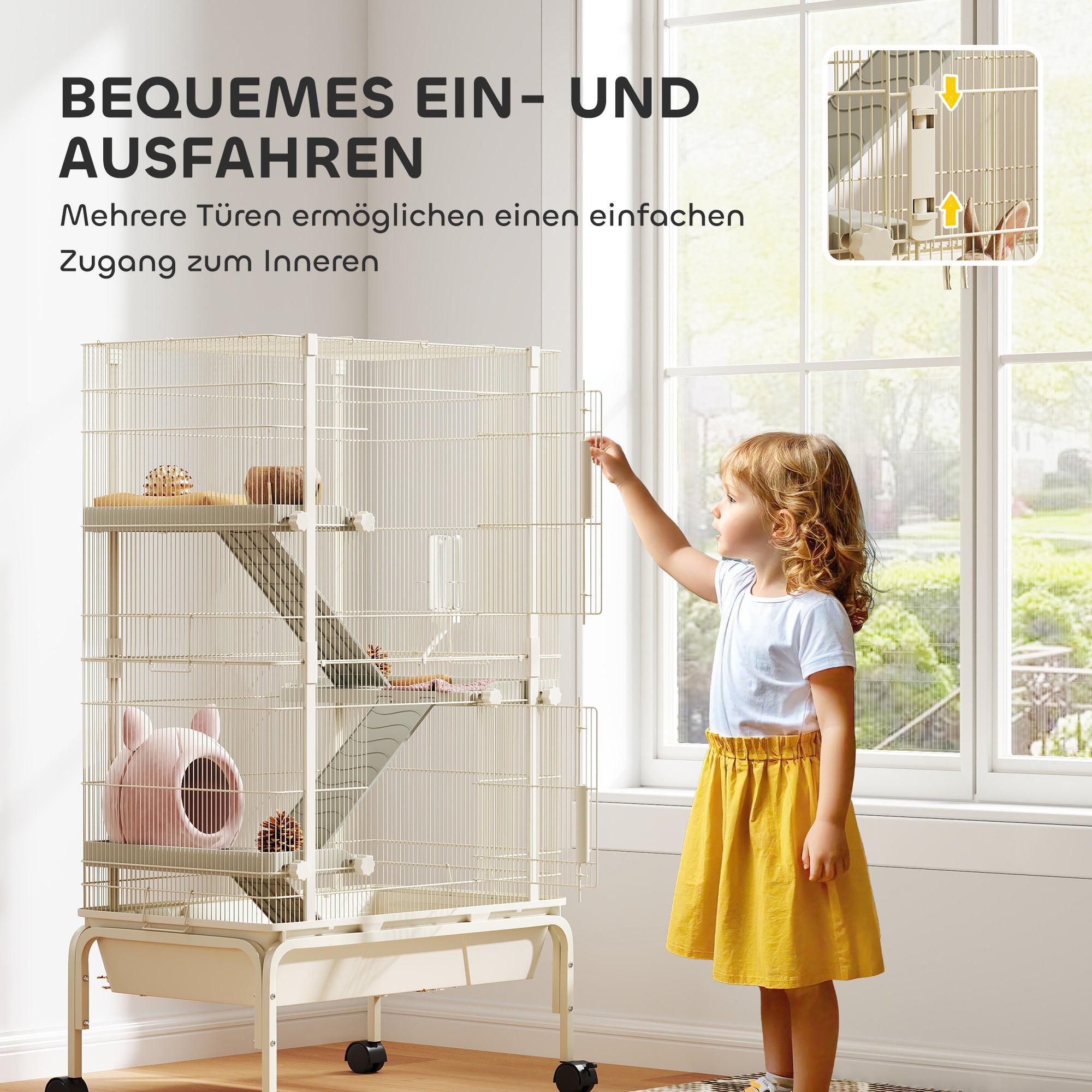 Outdoor Enclosure Small Animal Cage with 3 Ramps, Pull-Out Tray Small Animal Cage with Feeding Bowl, Water Bottle Enclosure for Small Animals, Hamster, Chinchilla, Squirrel, 69 x 44 x 120 cm Beige