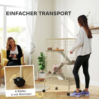 Outdoor Enclosure Small Animal Cage with 3 Ramps, Pull-Out Tray Small Animal Cage with Feeding Bowl, Water Bottle Enclosure for Small Animals, Hamster, Chinchilla, Squirrel, 69 x 44 x 120 cm Beige