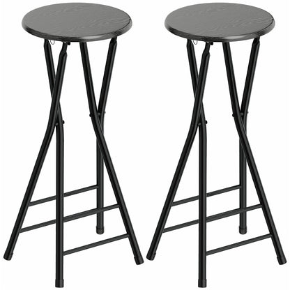 Set of 2 Folding Bar Stools, Round High Kitchen Counter Stools with Dual Footrests, Wood & Steel Frame, Black