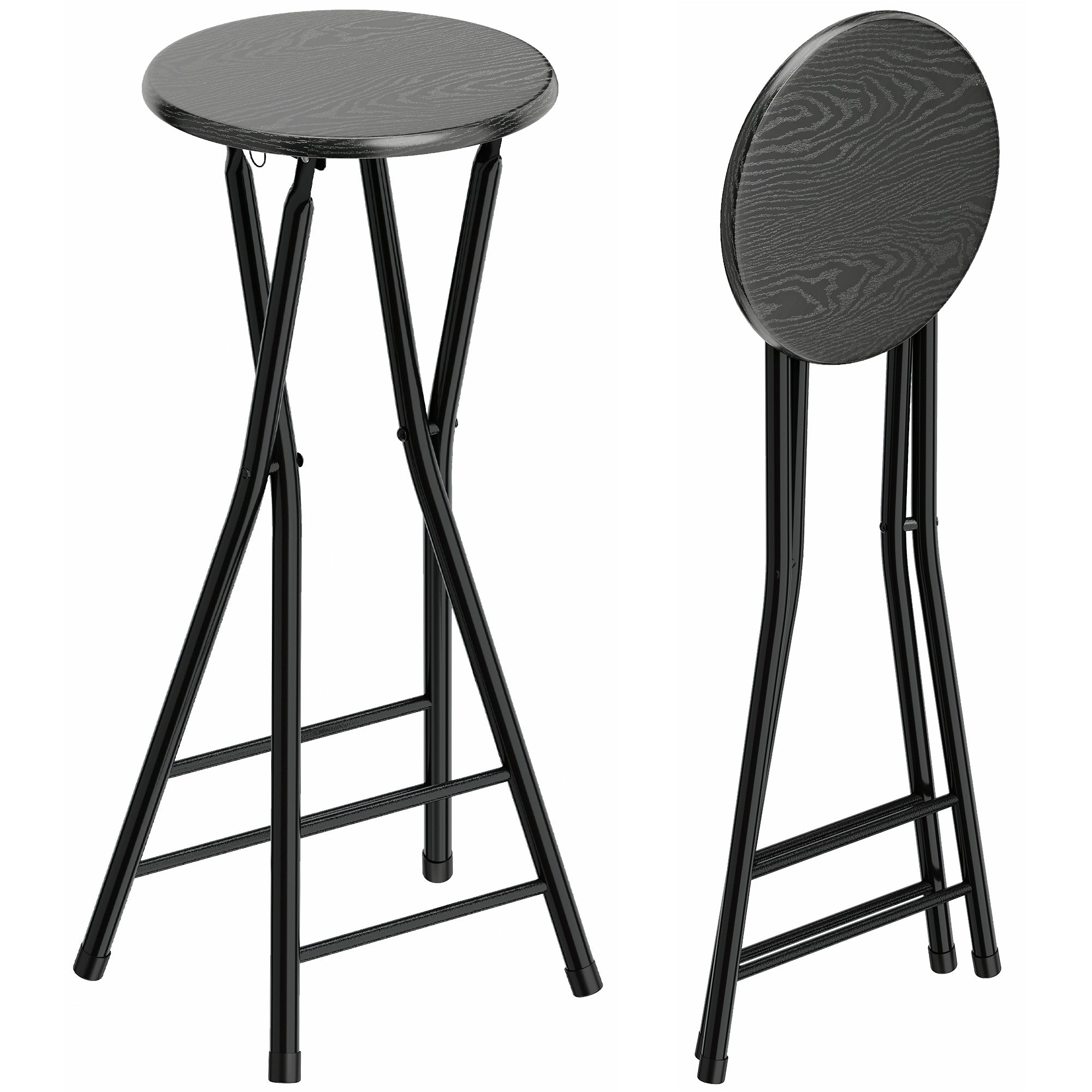 Set of 2 Folding Bar Stools, Round High Kitchen Counter Stools with Dual Footrests, Wood & Steel Frame, Black